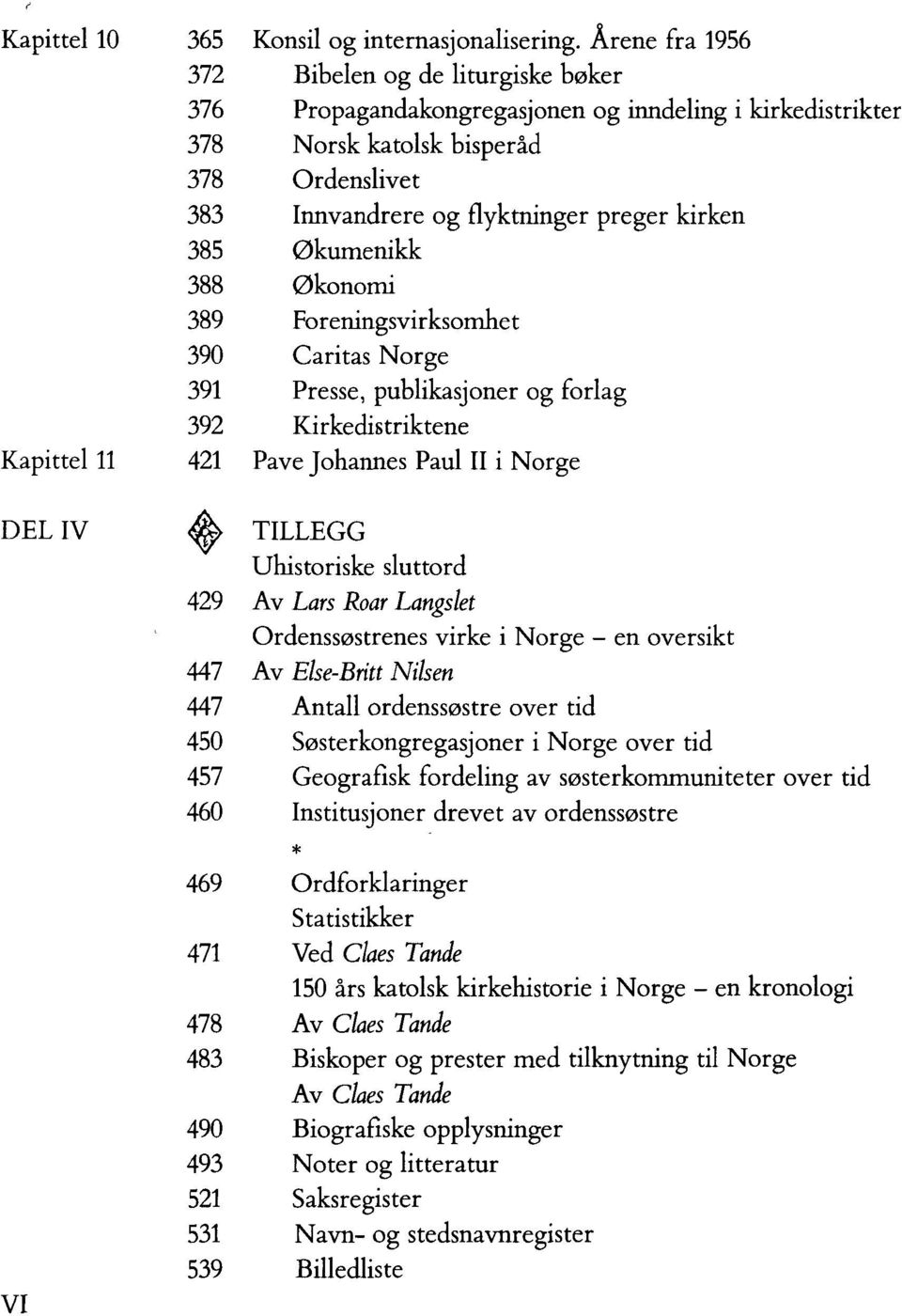 Foreningsvirksomhet Caritas Norge Presse, publikasjoner og forlag Kirkedistriktene Pave Johannes Paul II i Norge TILLEGG Uhistoriske sluttord 429 Av Lars Roar Langslet Ordenssøstrenes virke i Norge -