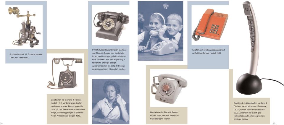 Tastafon, det nye knappsatsapparatet fra Elektrisk Bureau, modell 1980. Bordtelefon fra Siemens & Halske, modell 1911, verdens første telefon med nummerskive.