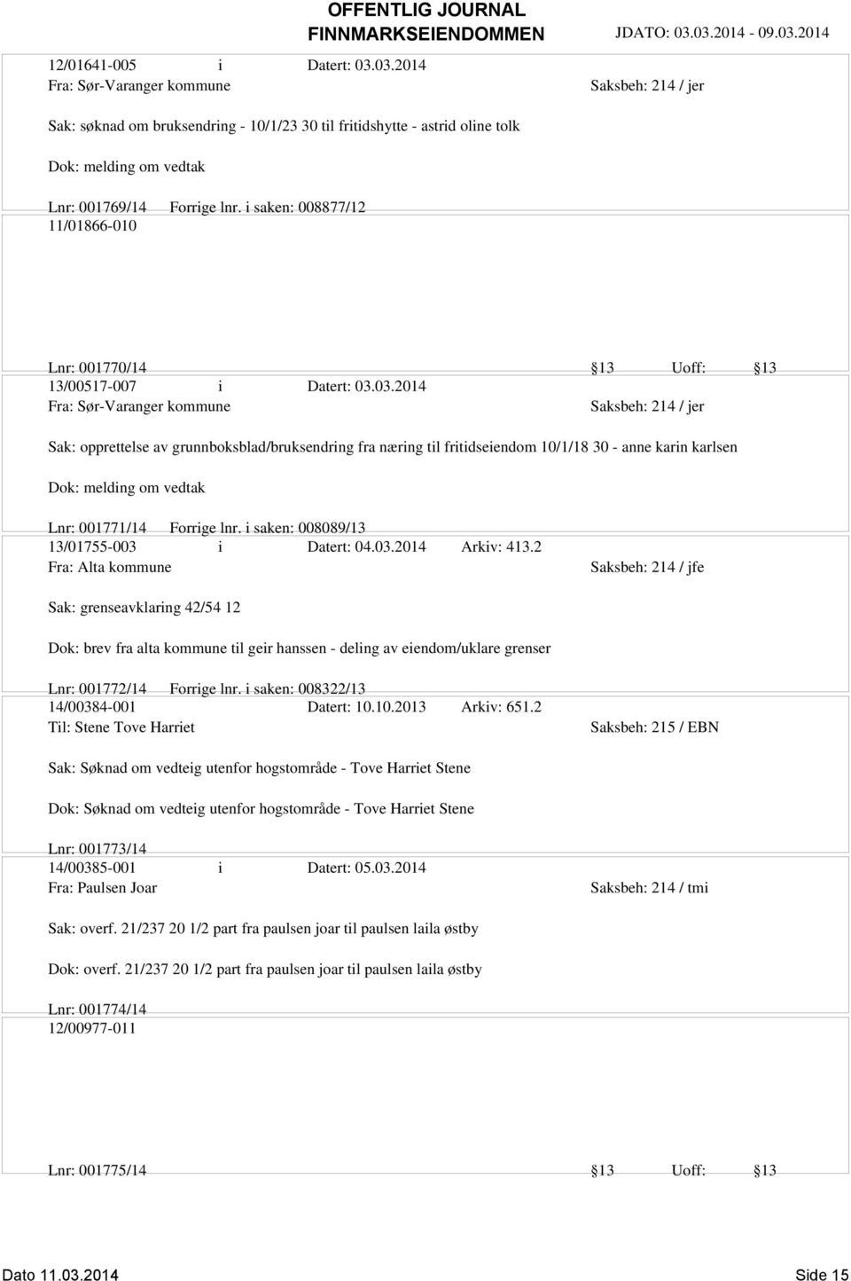 03.2014 Fra: Sør-Varanger kommune Sak: opprettelse av grunnboksblad/bruksendring fra næring til fritidseiendom 10/1/18 30 - anne karin karlsen Dok: melding om vedtak Lnr: 001771/14 Forrige lnr.