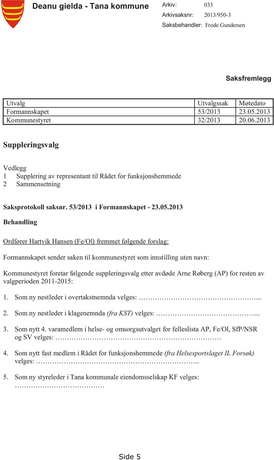 2013 Behandling Ordfører Hartvik Hansen (Fe/Ol) fremmet følgende forslag: Formannskapet sender saken til kommunestyret som innstilling uten navn: Kommunestyret foretar følgende suppleringsvalg etter