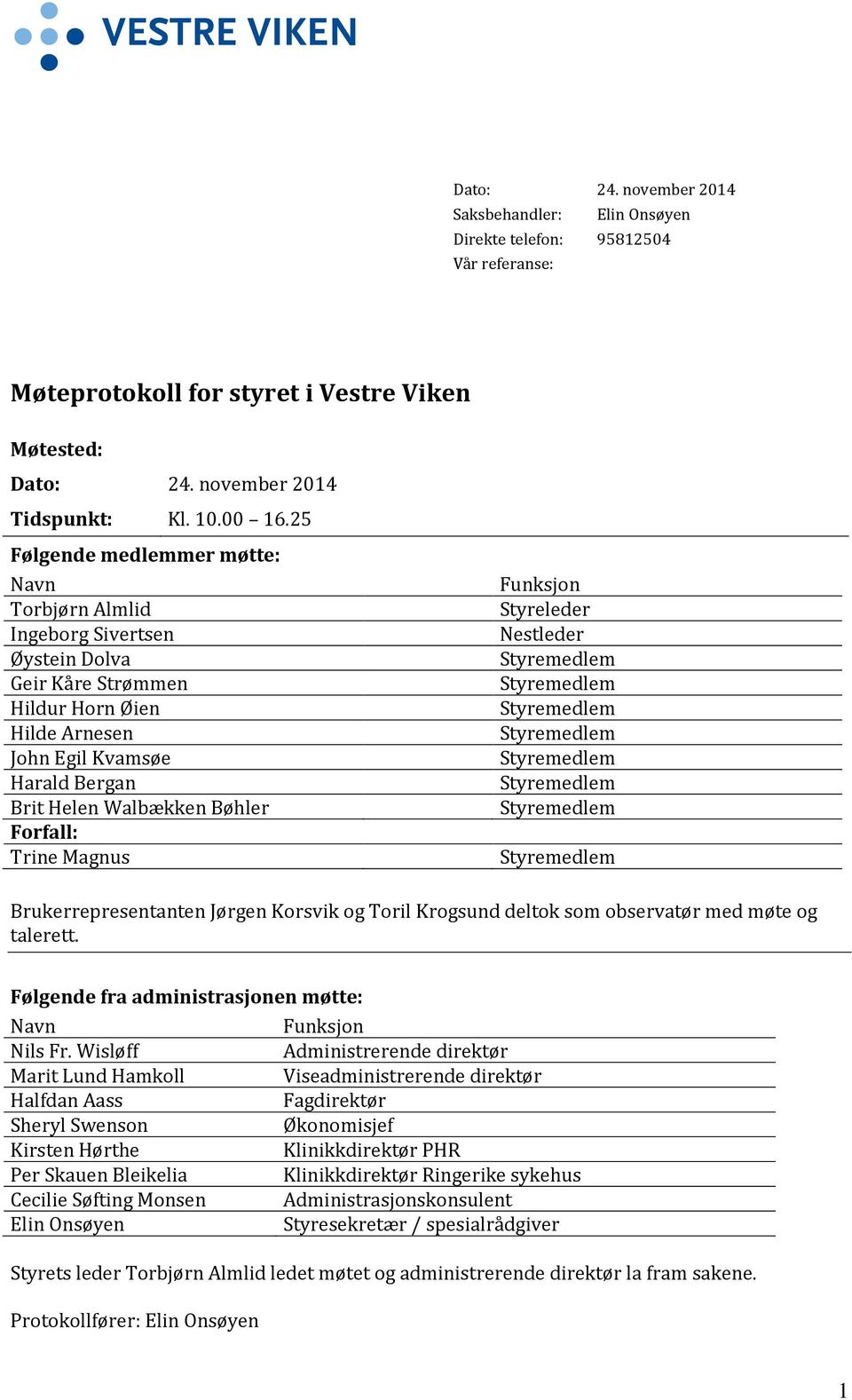 Forfall: Trine Magnus Funksjon Styreleder Nestleder Styremedlem Styremedlem Styremedlem Styremedlem Styremedlem Styremedlem Styremedlem Styremedlem Brukerrepresentanten Jørgen Korsvik og Toril