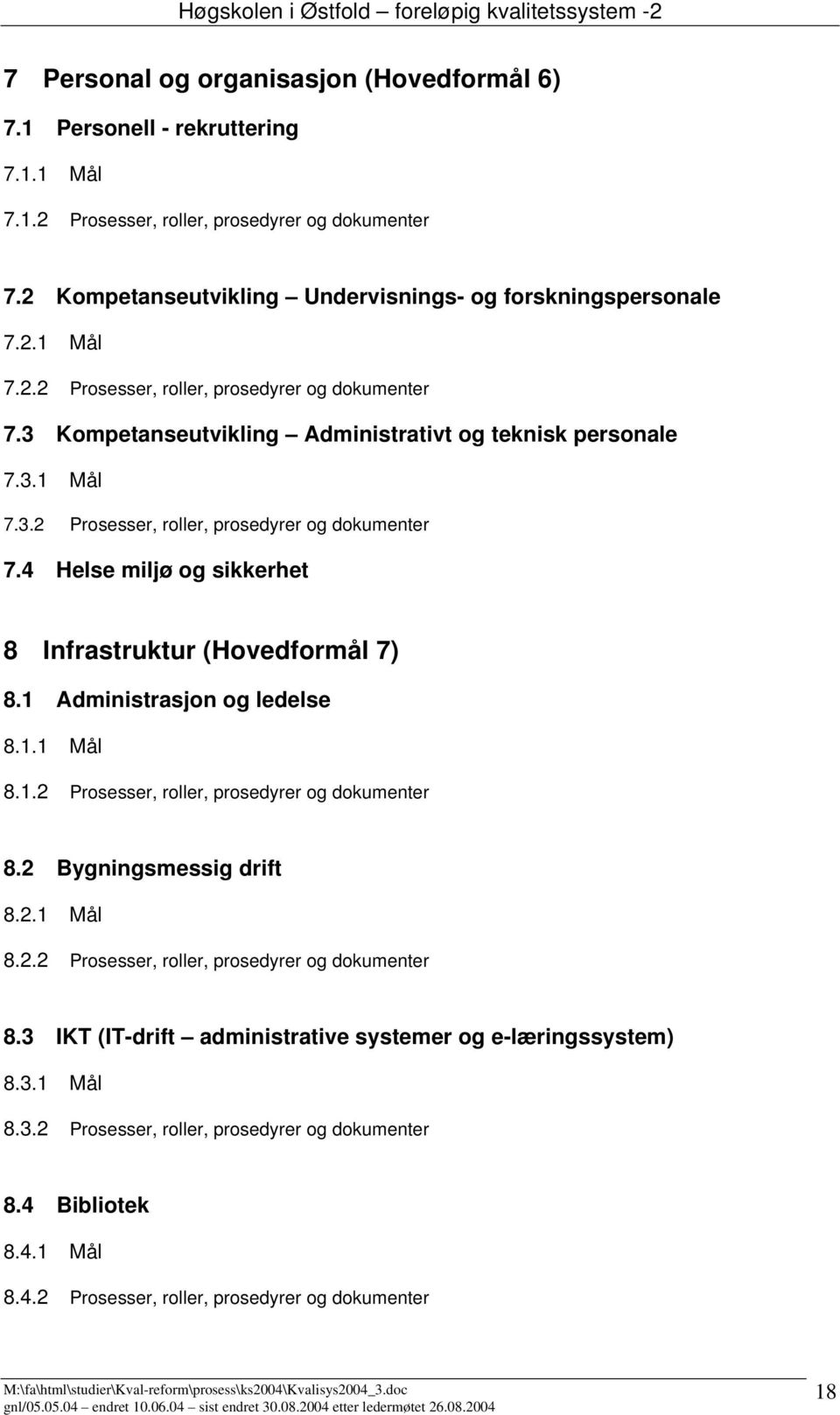 2 Bygningsmessig drift 8.2.1 Mål 8.2.2 Prosesser, roller, prosedyrer og dokumenter 8.3 IKT (IT-drift administrative systemer og e-læringssystem) 8.3.1 Mål 8.3.2 Prosesser, roller, prosedyrer og dokumenter 8.4 Bibliotek 8.