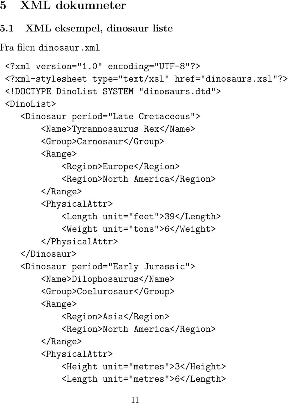 <PhysicalAttr> <Length unit="feet">39</length> <Weight unit="tons">6</weight> </PhysicalAttr> </Dinosaur> <Dinosaur period="early Jurassic"> <Name>Dilophosaurus</Name>