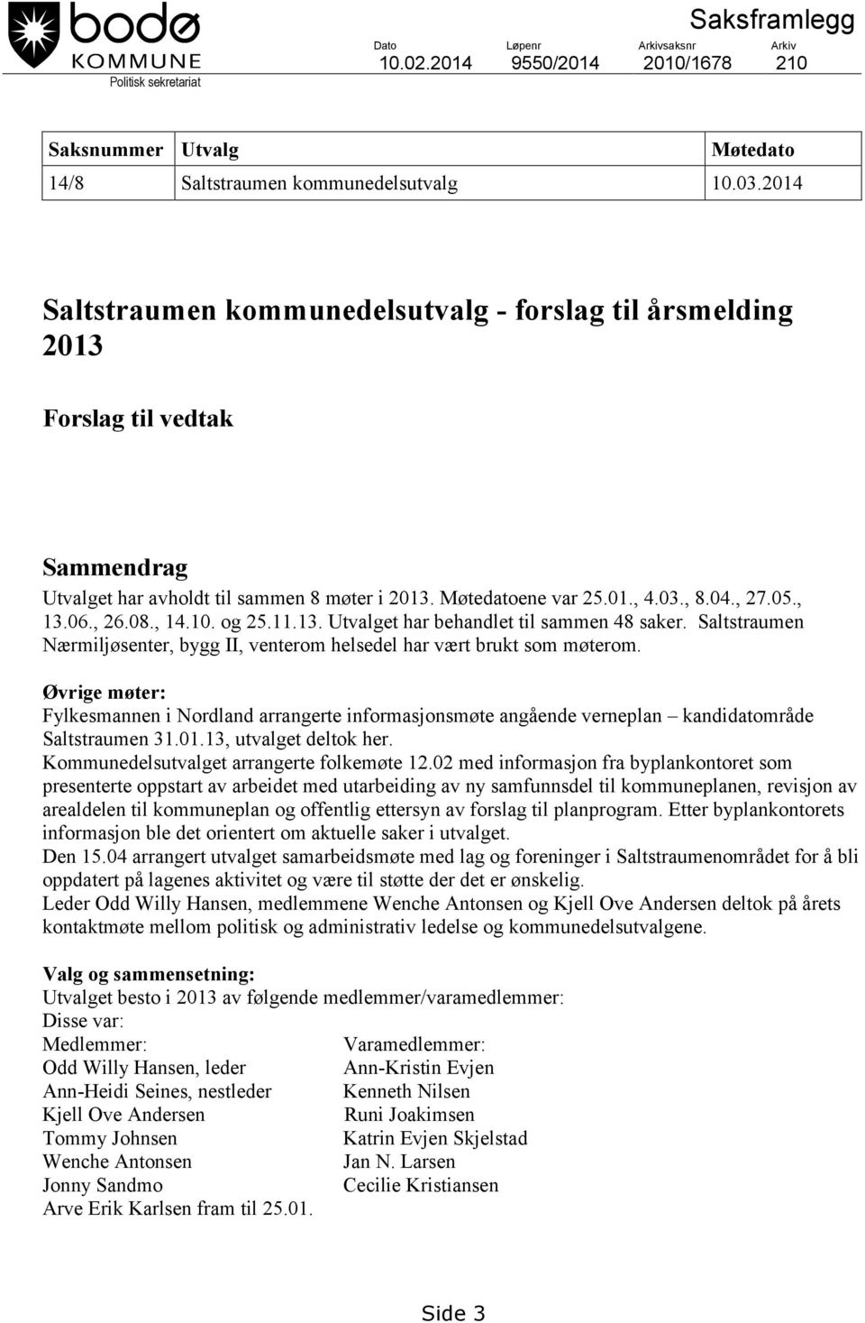 , 26.08., 14.10. og 25.11.13. Utvalget har behandlet til sammen 48 saker. Saltstraumen Nærmiljøsenter, bygg II, venterom helsedel har vært brukt som møterom.