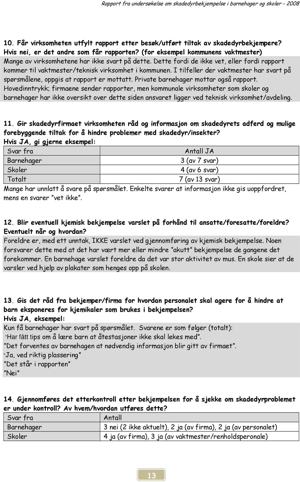 Dette fordi de ikke vet, eller fordi rapport kommer til vaktmester/teknisk virksomhet i kommunen. I tilfeller der vaktmester har svart på spørsmålene, oppgis at rapport er mottatt.