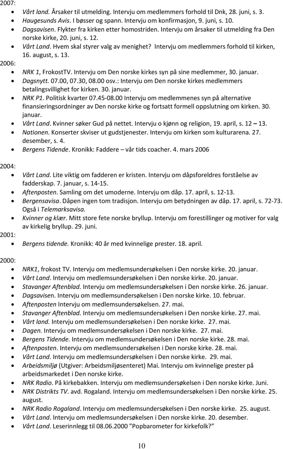 Intervju om medlemmers forhold til kirken, 16. august, s. 13. 2006: NRK 1, FrokostTV. Intervju om Den norske kirkes syn på sine medlemmer, 30. januar. Dagsnytt. 07.00, 07.30, 08.00 osv.