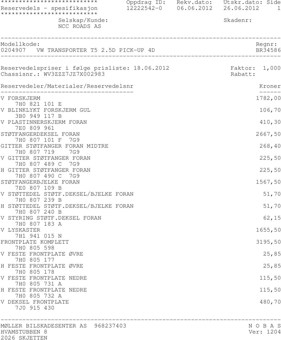 : WV3ZZZ7JZ7X002983 Rabatt: Reservedeler/Materialer/Reservedelsnr Kroner ------------------------------------- ------ V FORSKJERM 1782,00 7H0 821 101 E V BLINKLYKT FORSKJERM GUL 106,70 3B0 949 117 B