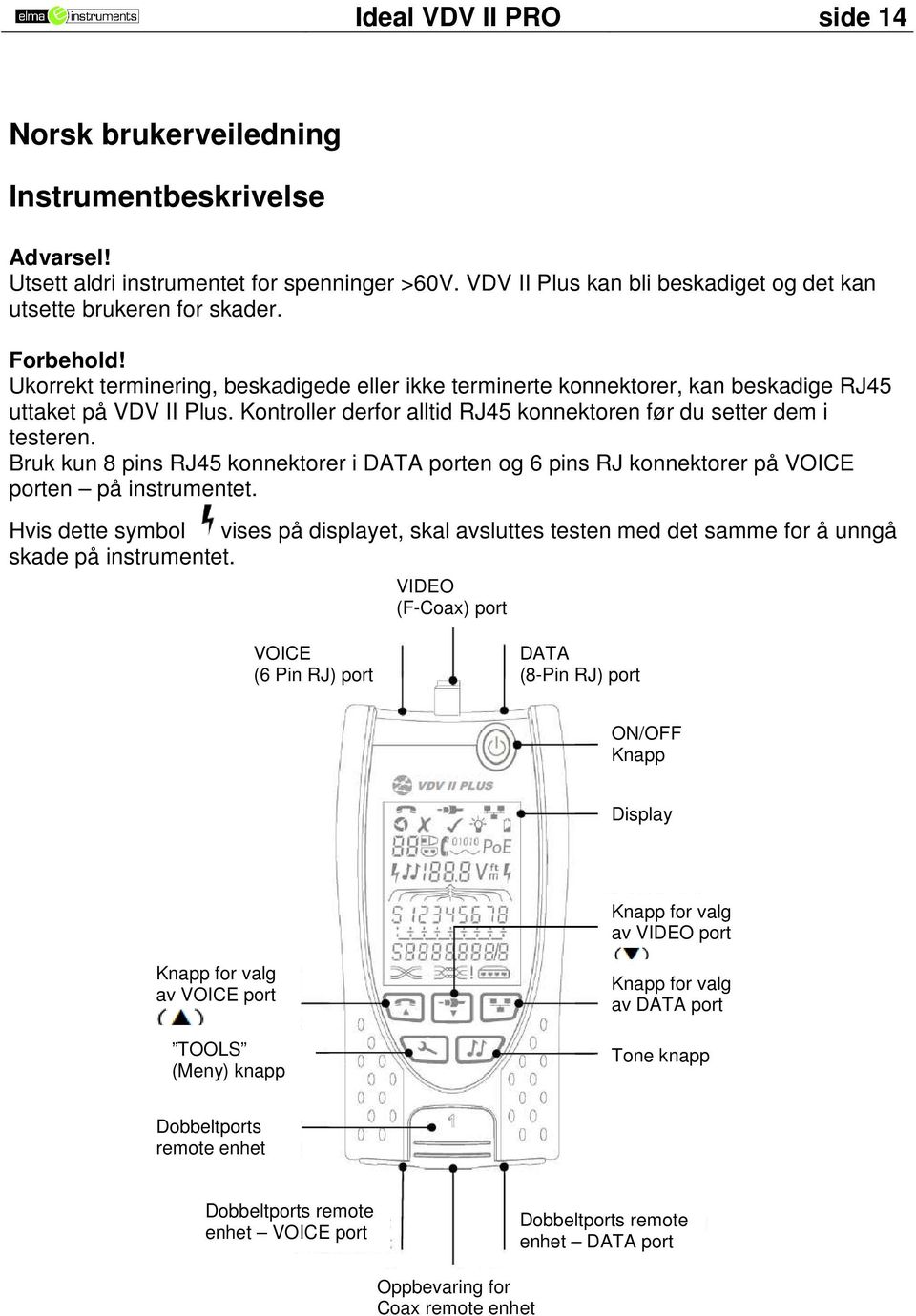 Bruk kun 8 pins RJ45 konnektorer i DATA porten og 6 pins RJ konnektorer på VOICE porten på instrumentet.