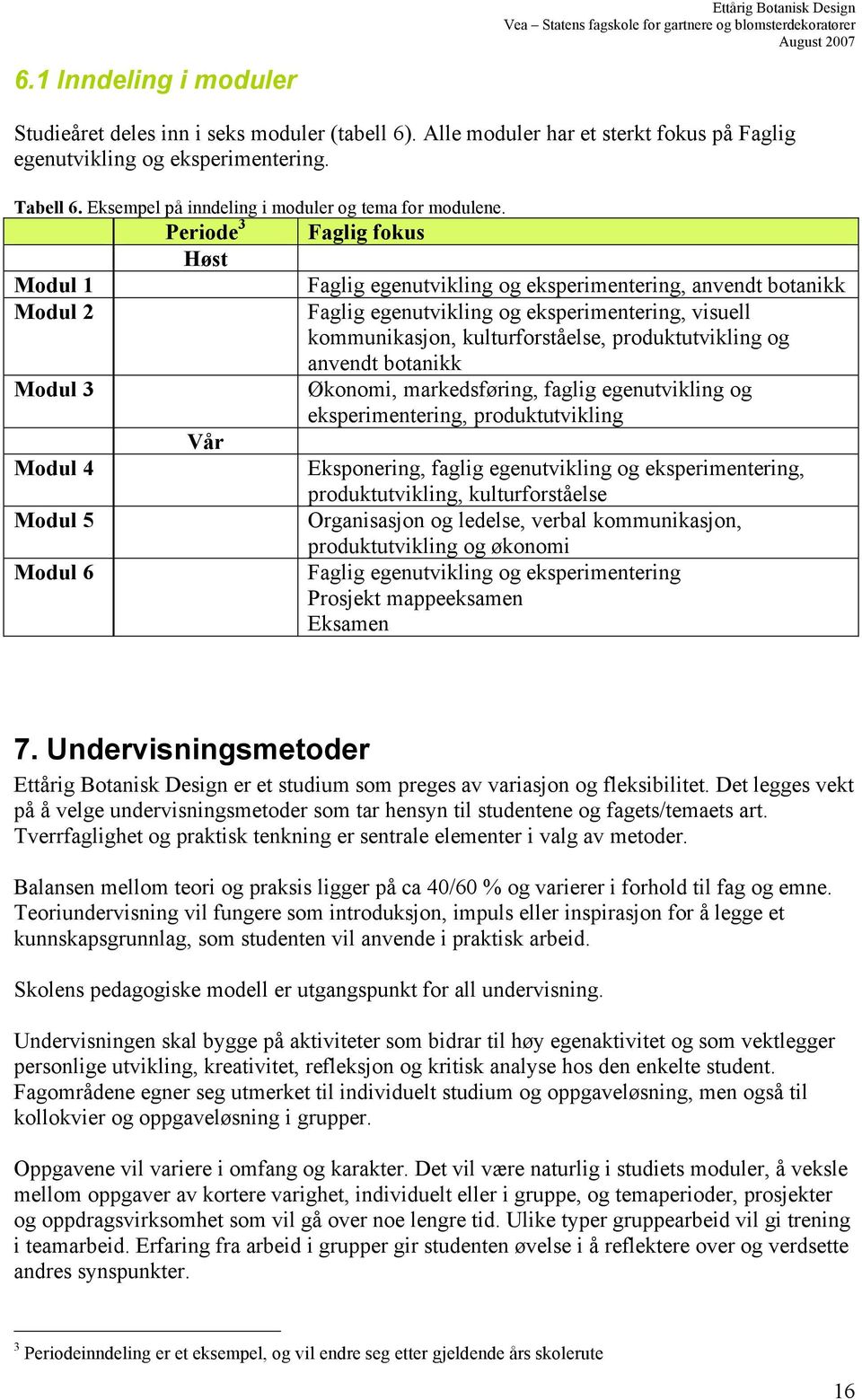 Modul 1 Modul 2 Modul 3 Modul 4 Modul 5 Modul 6 Periode 3 Høst Vår Faglig fokus Faglig egenutvikling og eksperimentering, anvendt botanikk Faglig egenutvikling og eksperimentering, visuell