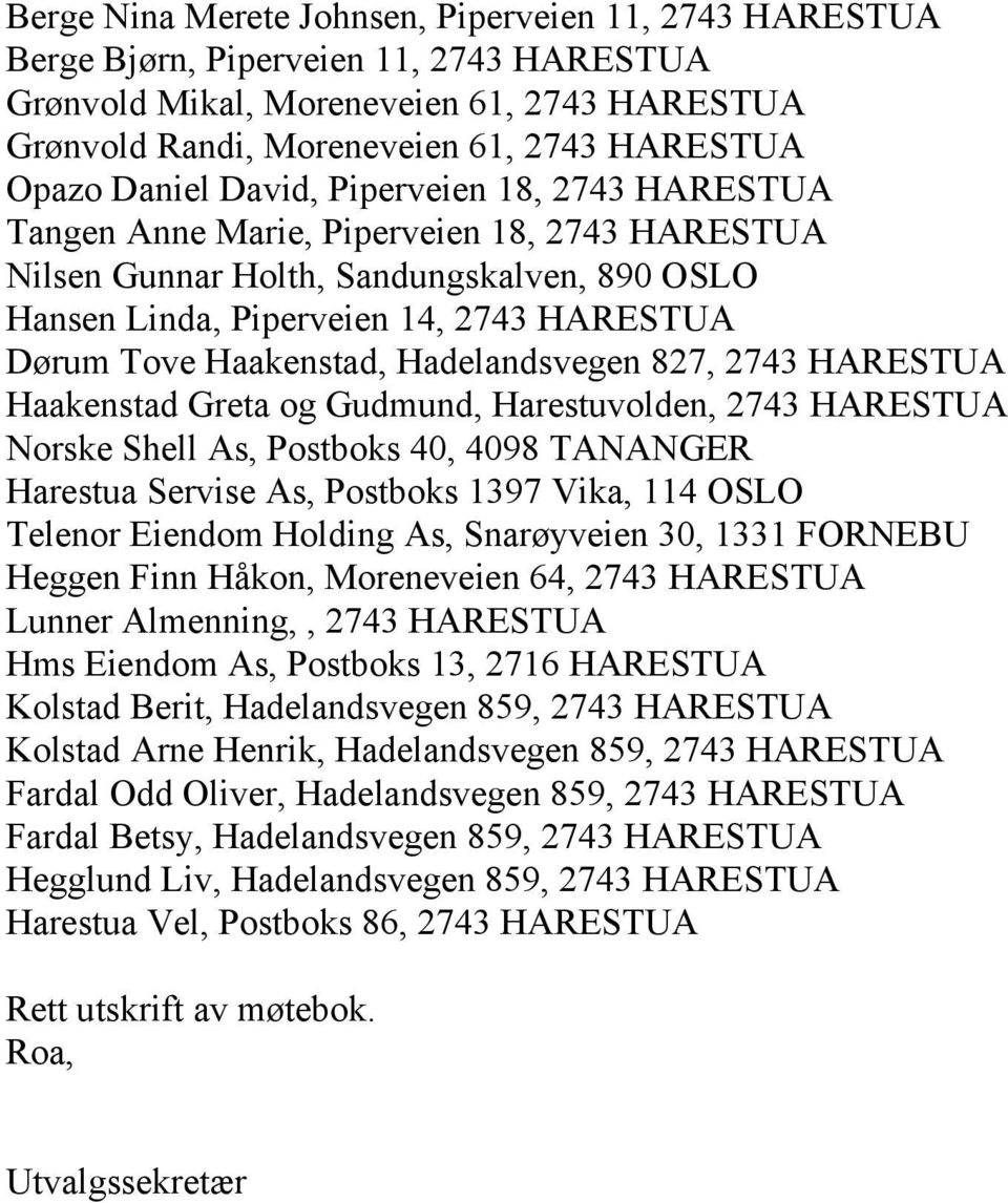 Haakenstad, Hadelandsvegen 827, 2743 HARESTUA Haakenstad Greta og Gudmund, Harestuvolden, 2743 HARESTUA Norske Shell As, Postboks 40, 4098 TANANGER Harestua Servise As, Postboks 1397 Vika, 114 OSLO