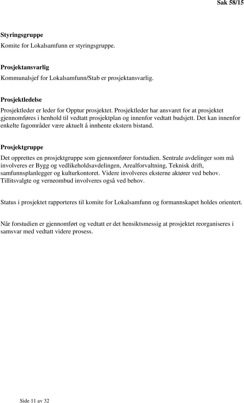 Det kan innenfor enkelte fagområder være aktuelt å innhente ekstern bistand. Prosjektgruppe Det opprettes en prosjektgruppe som gjennomfører forstudien.