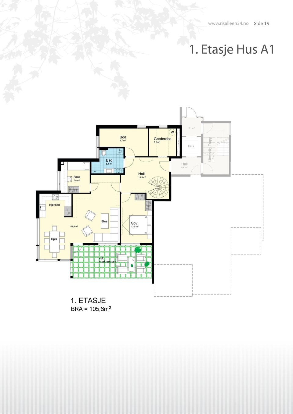 Heis Hall 6,1 m² 4,4 m² Hall Sov 15,5 m² 7,8 m² Hall 11,3 m² Kjøkken Bad 5,5