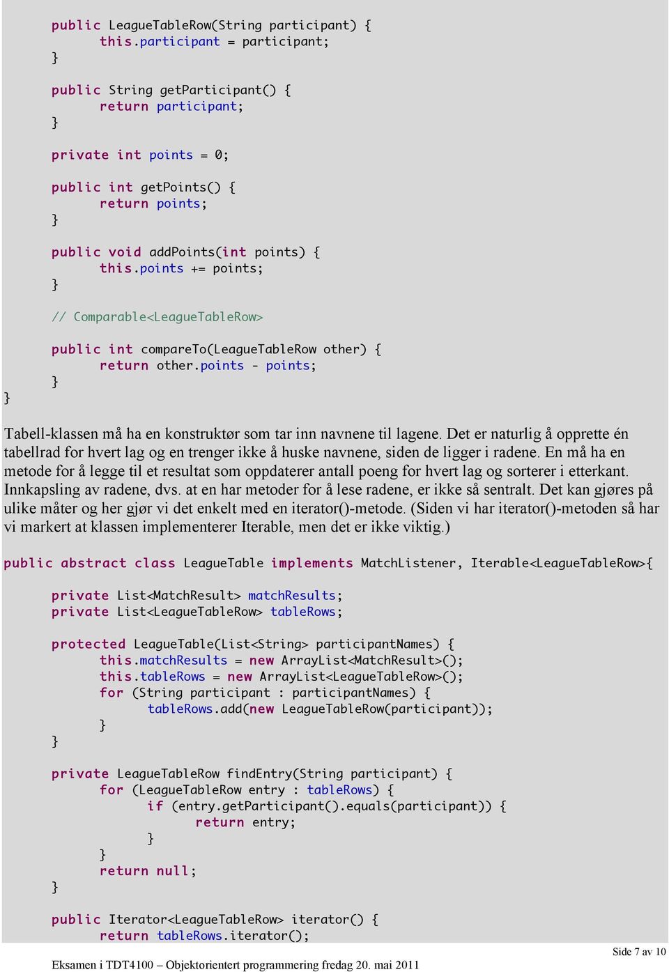 points += points; // Comparable<LeagueTableRow> public int compareto(leaguetablerow other) { return other.points - points; Tabell-klassen må ha en konstruktør som tar inn navnene til lagene.
