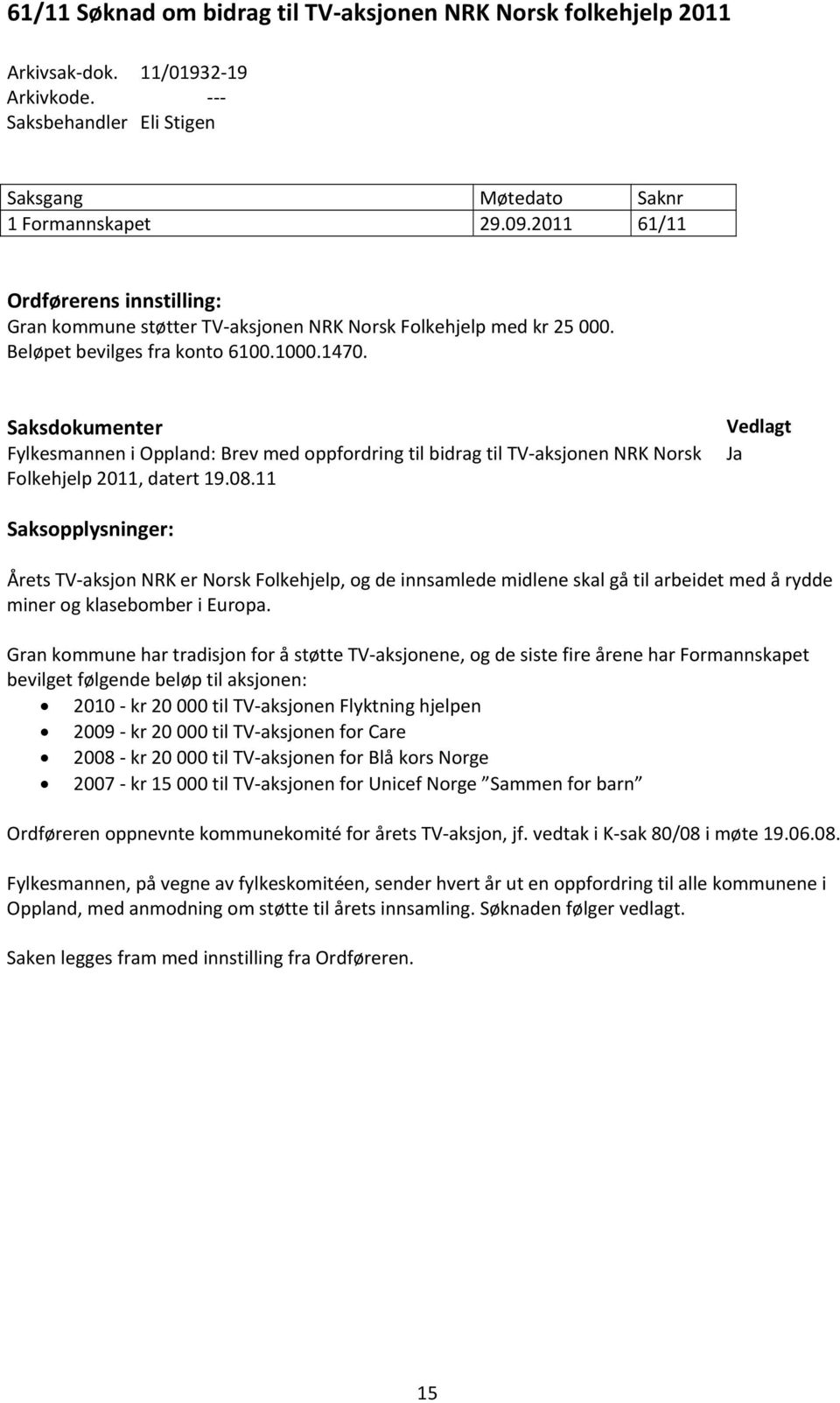 Saksdokumenter Fylkesmannen i Oppland: Brev med oppfordring til bidrag til TV aksjonen NRK Norsk Folkehjelp 2011, datert 19.08.