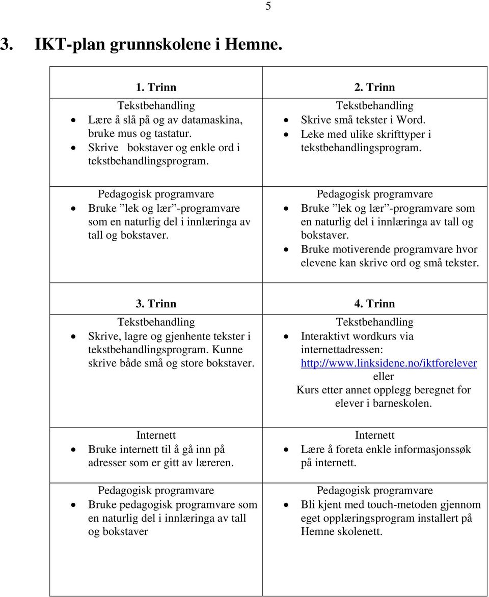 Pedagogisk programvare Bruke lek og lær -programvare som en naturlig del i innlæringa av tall og bokstaver. Bruke motiverende programvare hvor elevene kan skrive ord og små tekster. 3. Trinn 4.