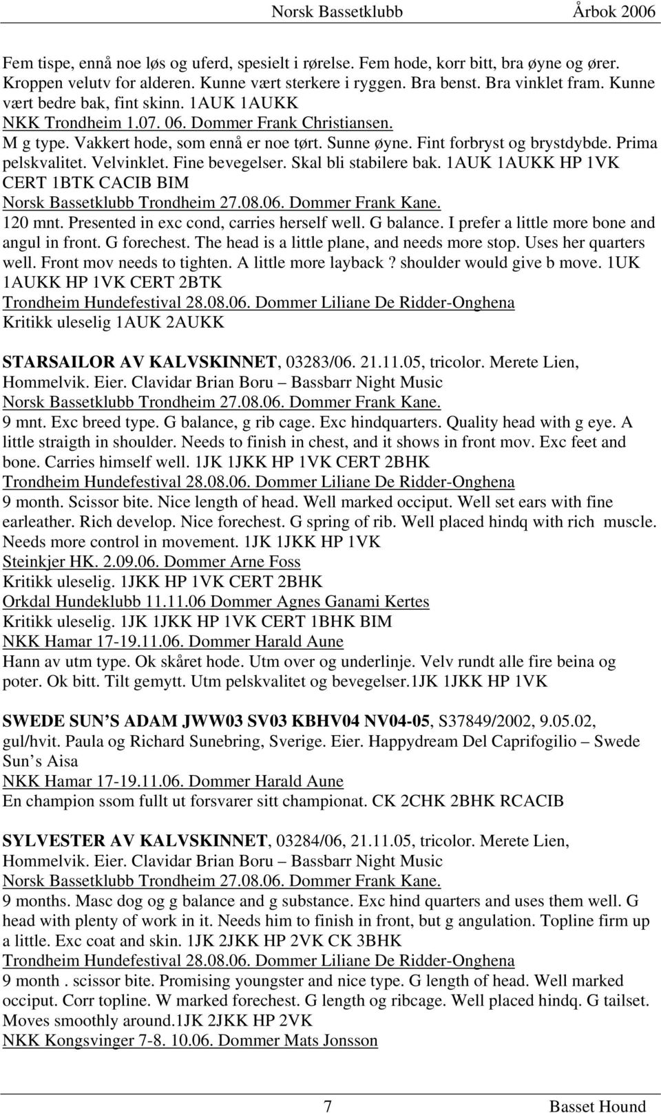 Prima pelskvalitet. Velvinklet. Fine bevegelser. Skal bli stabilere bak. 1AUK 1AUKK HP 1VK CERT 1BTK CACIB BIM Norsk Bassetklubb Trondheim 27.08.06. Dommer Frank Kane. 120 mnt.