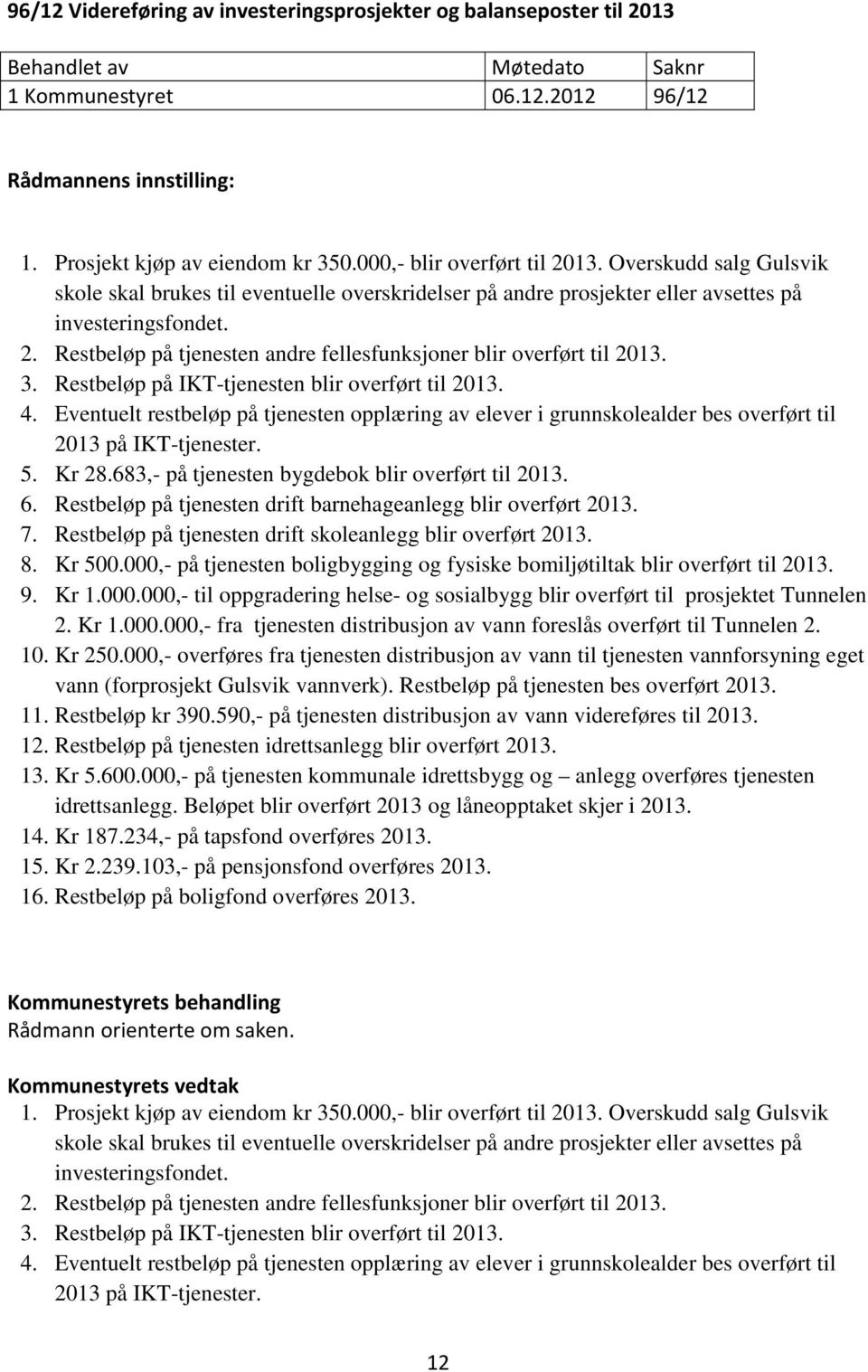 3. Restbeløp på IKT-tjenesten blir overført til 2013. 4. Eventuelt restbeløp på tjenesten opplæring av elever i grunnskolealder bes overført til 2013 på IKT-tjenester. 5. Kr 28.