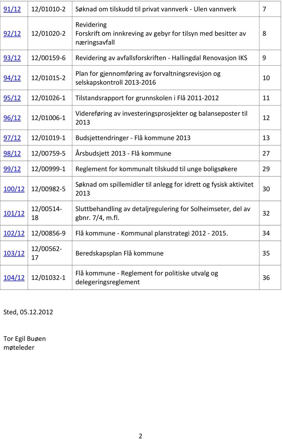 grunnskolen i Flå 2011-2012 11 96/12 12/01006-1 Videreføring av investeringsprosjekter og balanseposter til 2013 12 97/12 12/01019-1 Budsjettendringer - Flå kommune 2013 13 98/12 12/00759-5