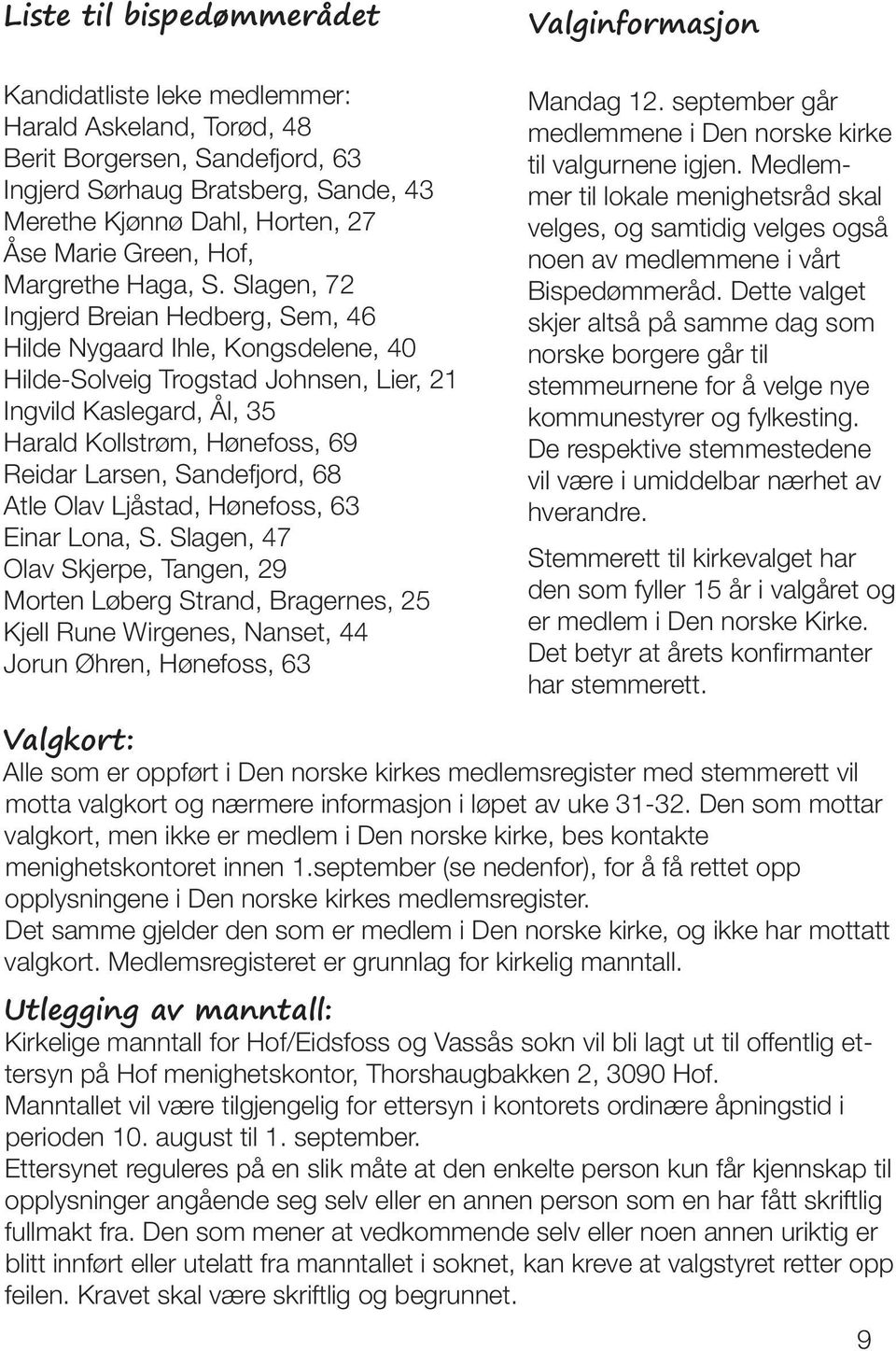 Slagen, 72 Ingjerd Breian Hedberg, Sem, 46 Hilde Nygaard Ihle, Kongsdelene, 40 Hilde-Solveig Trogstad Johnsen, Lier, 21 Ingvild Kaslegard, Ål, 35 Harald Kollstrøm, Hønefoss, 69 Reidar Larsen,