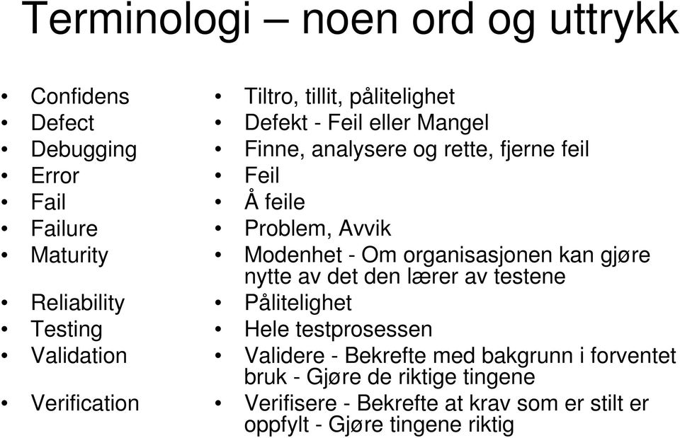 Problem, Avvik Modenhet - Om organisasjonen kan gjøre nytte av det den lærer av testene Pålitelighet Hele testprosessen