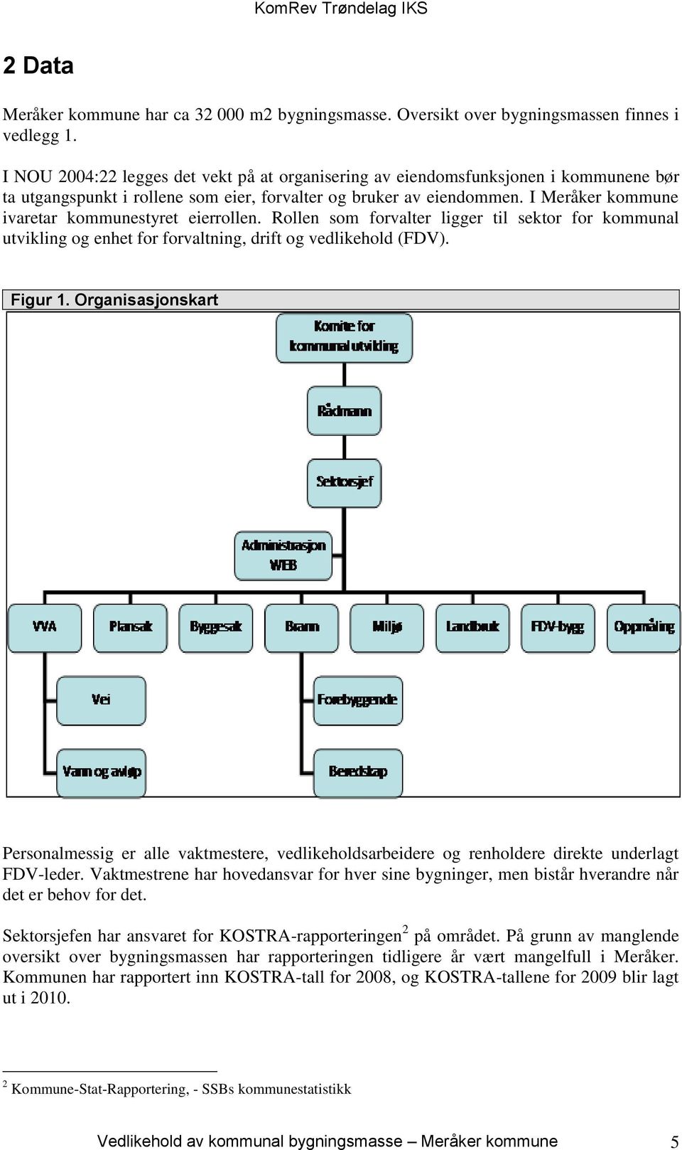 I Meråker kommune ivaretar kommunestyret eierrollen. Rollen som forvalter ligger til sektor for kommunal utvikling og enhet for forvaltning, drift og vedlikehold (FDV). Figur 1.