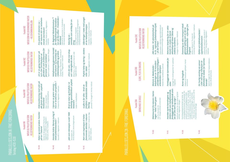 OG FRILUFTSLIV SOM HELSEFREMMENDE FAKTOR Parallell 1AD NATUR SOM HELSEHEMMENDE FAKTOR - HELSEKOMMUNIKASJON 14:30 Natur og sosial praksis: Familier på tur i naturen Baklien B, Bongaardt R, Ytterhus B,