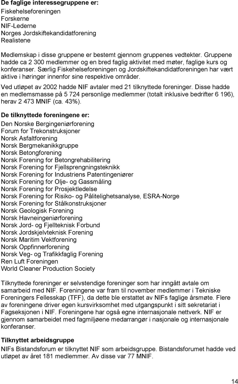 Særlig Fiskehelseforeningen og Jordskiftekandidatforeningen har vært aktive i høringer innenfor sine respektive områder. Ved utløpet av 2002 hadde NIF avtaler med 21 tilknyttede foreninger.