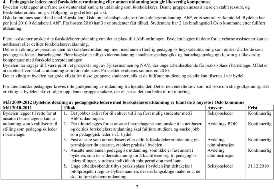 Oslo kommunes samarbeid med Høgskolen i Oslo om arbeidsplassbasert førskolelærerutdanning, AbF, er et sentralt virkemiddel. Bydelen har per juni 2010 9 deltakere i AbF.