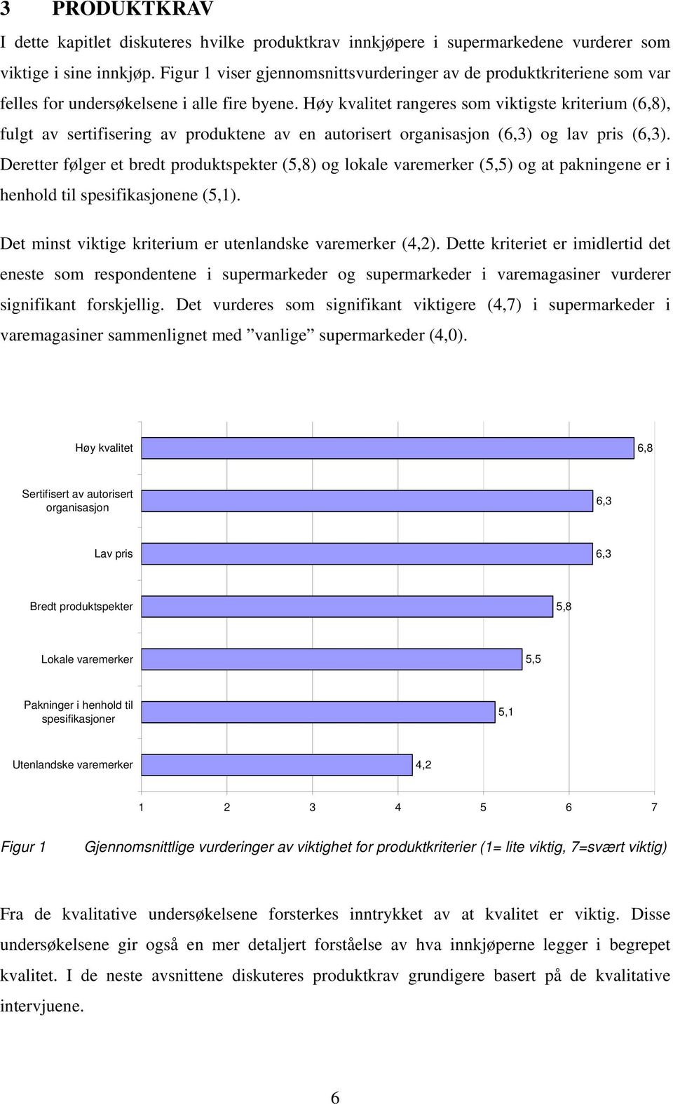 Høy kvalitet rangeres som viktigste kriterium (6,8), fulgt av sertifisering av produktene av en autorisert organisasjon (6,3) og lav pris (6,3).