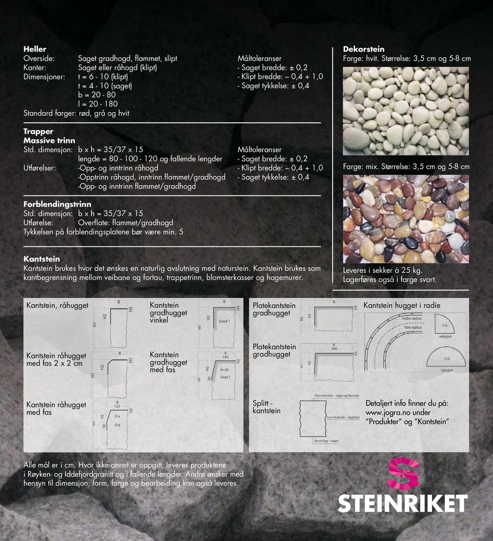 dimensjon: b x h = 35/37 x 15 lengde = 80-100 - 120 og fallende lengder Utførelser: -Opp- og inntrinn råhogd -Opptrinn råhogd, inntrinn flammet/gradhogd -Opp- og inntrinn flammet/gradhogd