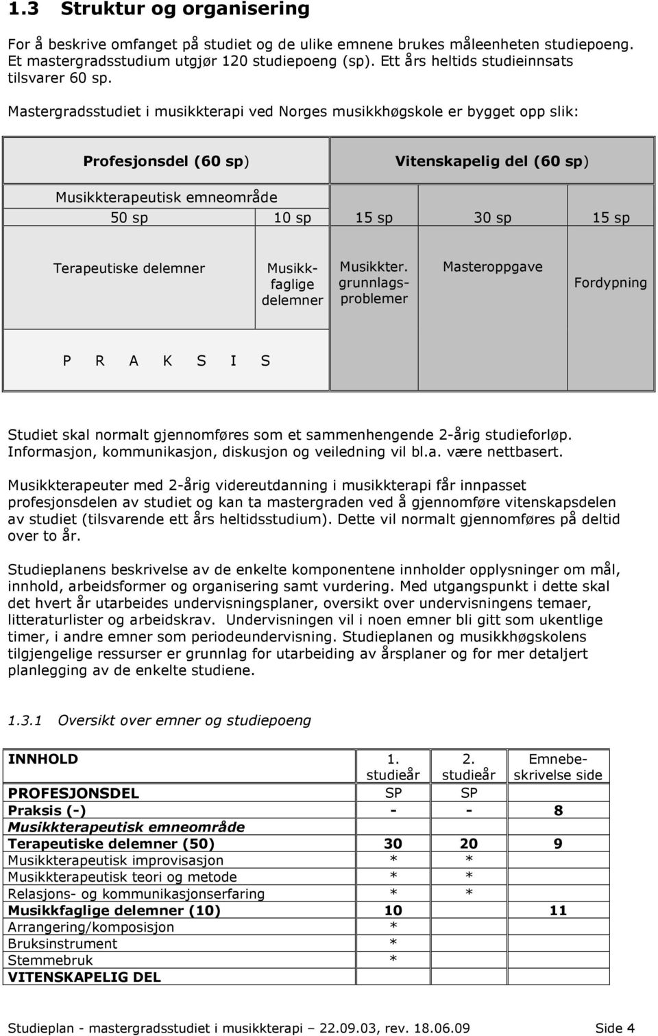 Mastergradsstudiet i musikkterapi ved Norges musikkhøgskole er bygget opp slik: Profesjonsdel (60 sp) Musikkterapeutisk emneområde 50 sp 10 sp Vitenskapelig del (60 sp) 15 sp 30 sp 15 sp Terapeutiske