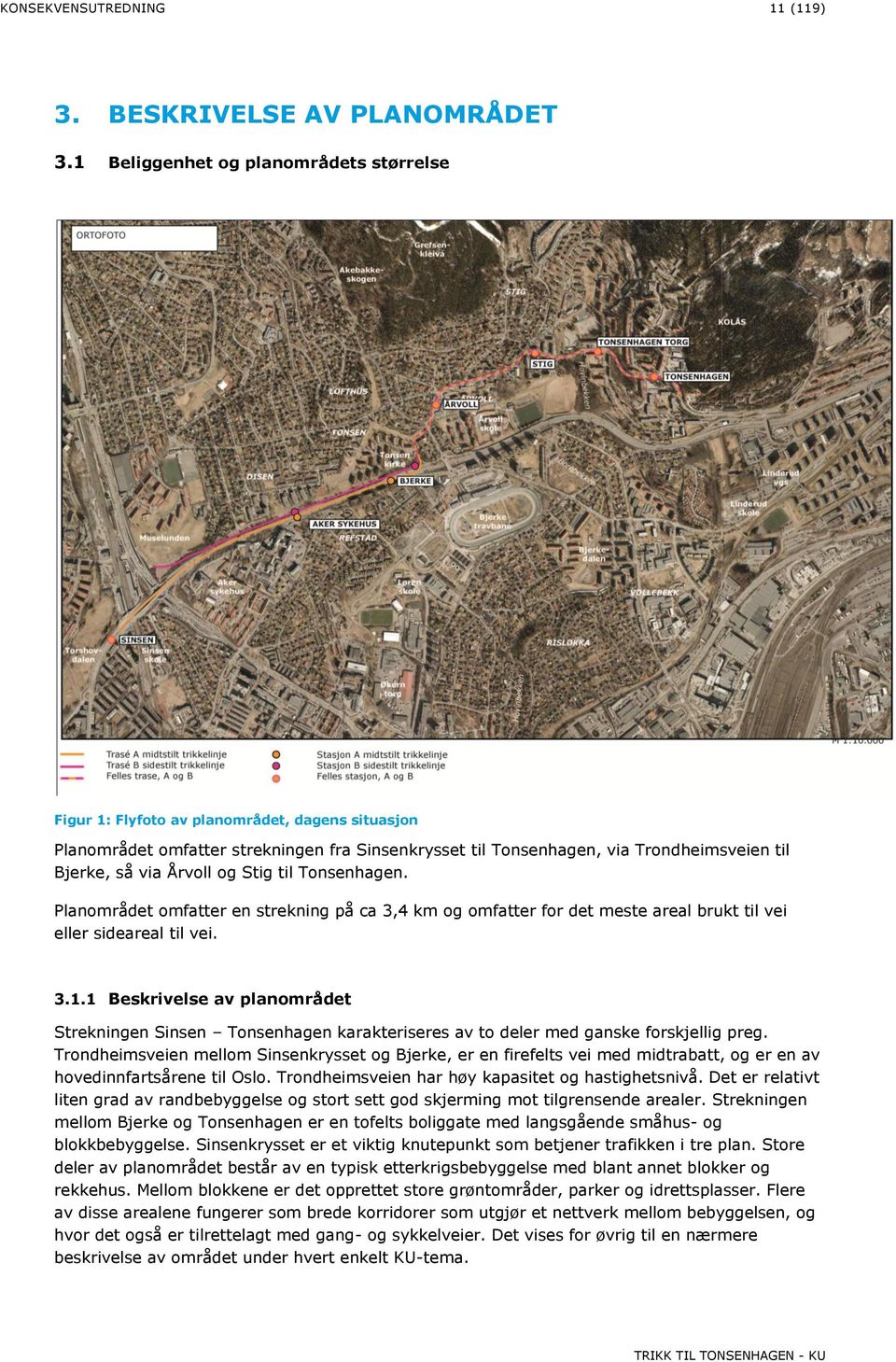 Årvoll og Stig til Tonsenhagen. Planområdet omfatter en strekning på ca 3,4 km og omfatter for det meste areal brukt til vei eller sideareal til vei. 3.1.