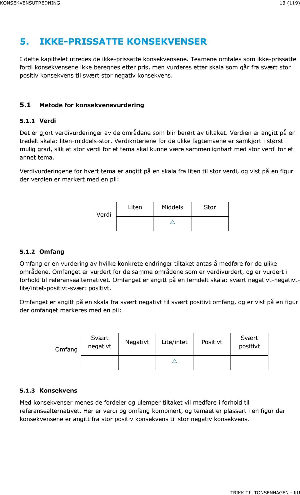 1 Metode for konsekvensvurdering 5.1.1 Verdi Det er gjort verdivurderinger av de områdene som blir berørt av tiltaket. Verdien er angitt på en tredelt skala: liten-middels-stor.