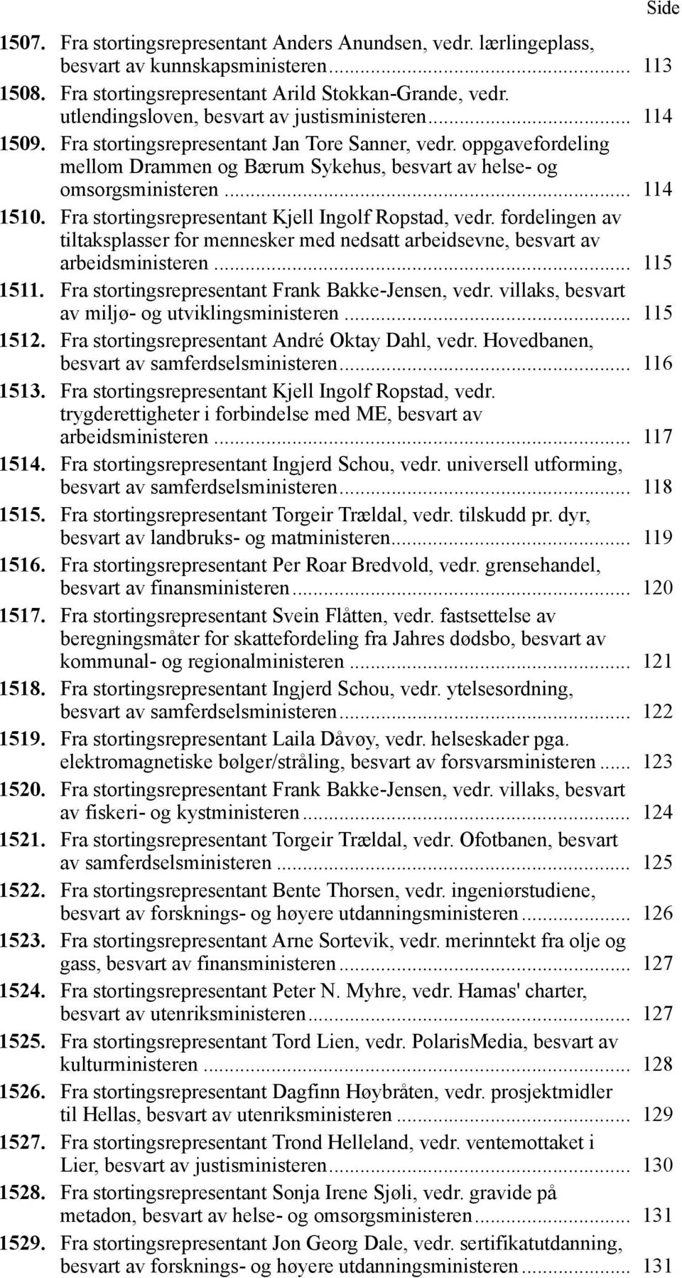 .. 114 1510. Fra stortingsrepresentant Kjell Ingolf Ropstad, vedr. fordelingen av tiltaksplasser for mennesker med nedsatt arbeidsevne, besvart av arbeidsministeren... 115 1511.