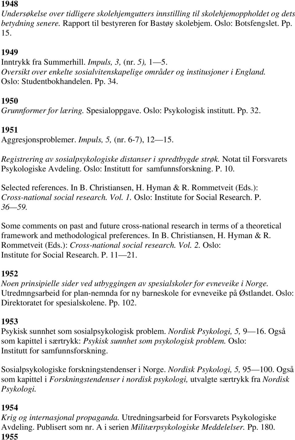 Spesialoppgave. Oslo: Psykologisk institutt. Pp. 32. 1951 Aggresjonsproblemer. Impuls, 5, (nr. 6-7), 12 15. Registrering av sosialpsykologiske distanser i spredtbygde strøk.