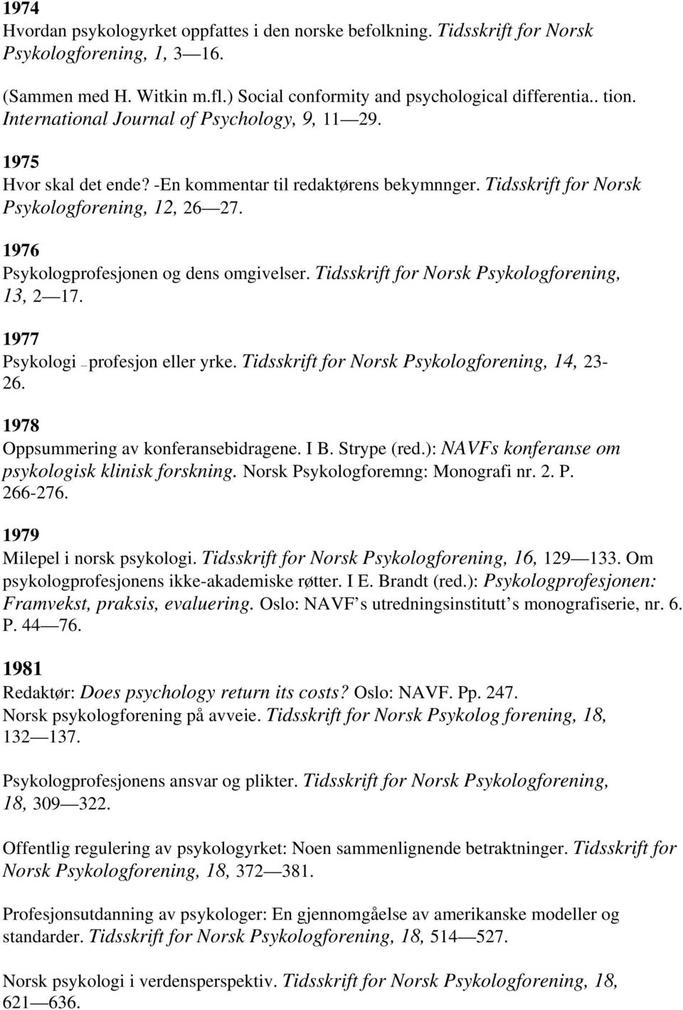 1976 Psykologprofesjonen og dens omgivelser. Tidsskrift for Norsk Psykologforening, 13, 2 17. 1977 Psykologi profesjon eller yrke. Tidsskrift for Norsk Psykologforening, 14, 23-26.