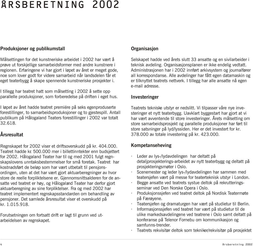 I tillegg har teatret hatt som målsetting i 2002 å sette opp parallelle produksjoner, som forberedelse på driften i eget hus.