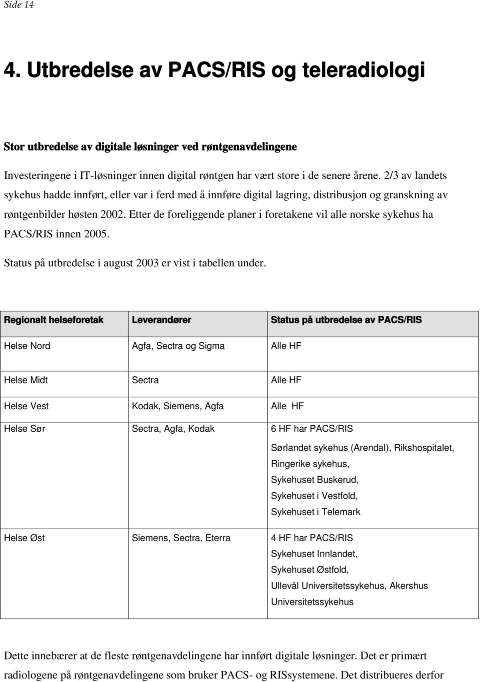 Etter de foreliggende planer i foretakene vil alle norske sykehus ha PACS/RIS innen 2005. Status på utbredelse i august 2003 er vist i tabellen under.