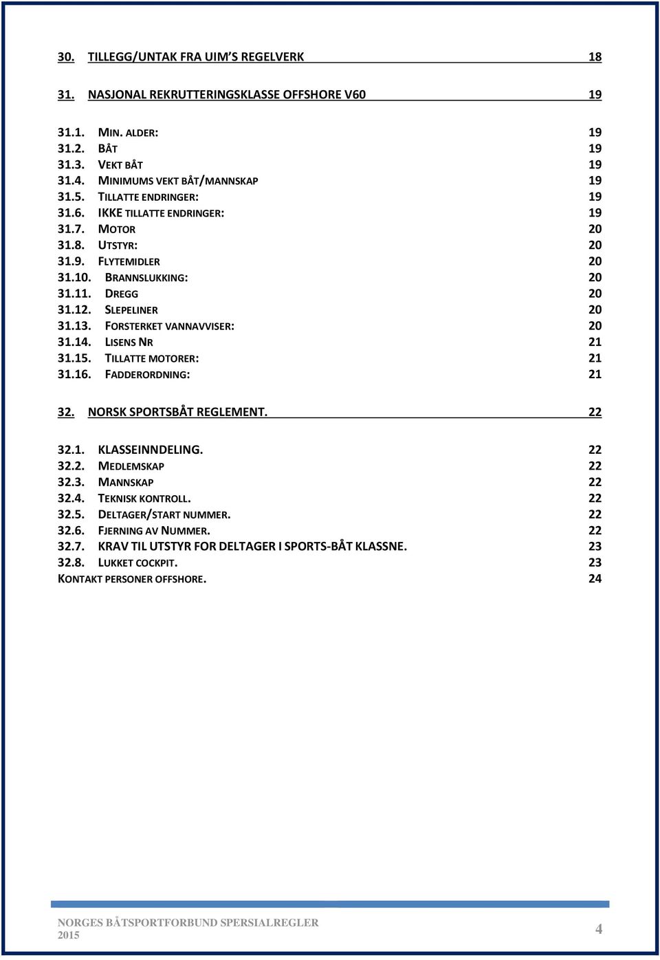 FORSTERKET VANNAVVISER: 20 31.14. LISENS NR 21 31.15. TILLATTE MOTORER: 21 31.16. FADDERORDNING: 21 32. NORSK SPORTSBÅT REGLEMENT. 22 32.1. KLASSEINNDELING. 22 32.2. MEDLEMSKAP 22 32.3. MANNSKAP 22 32.