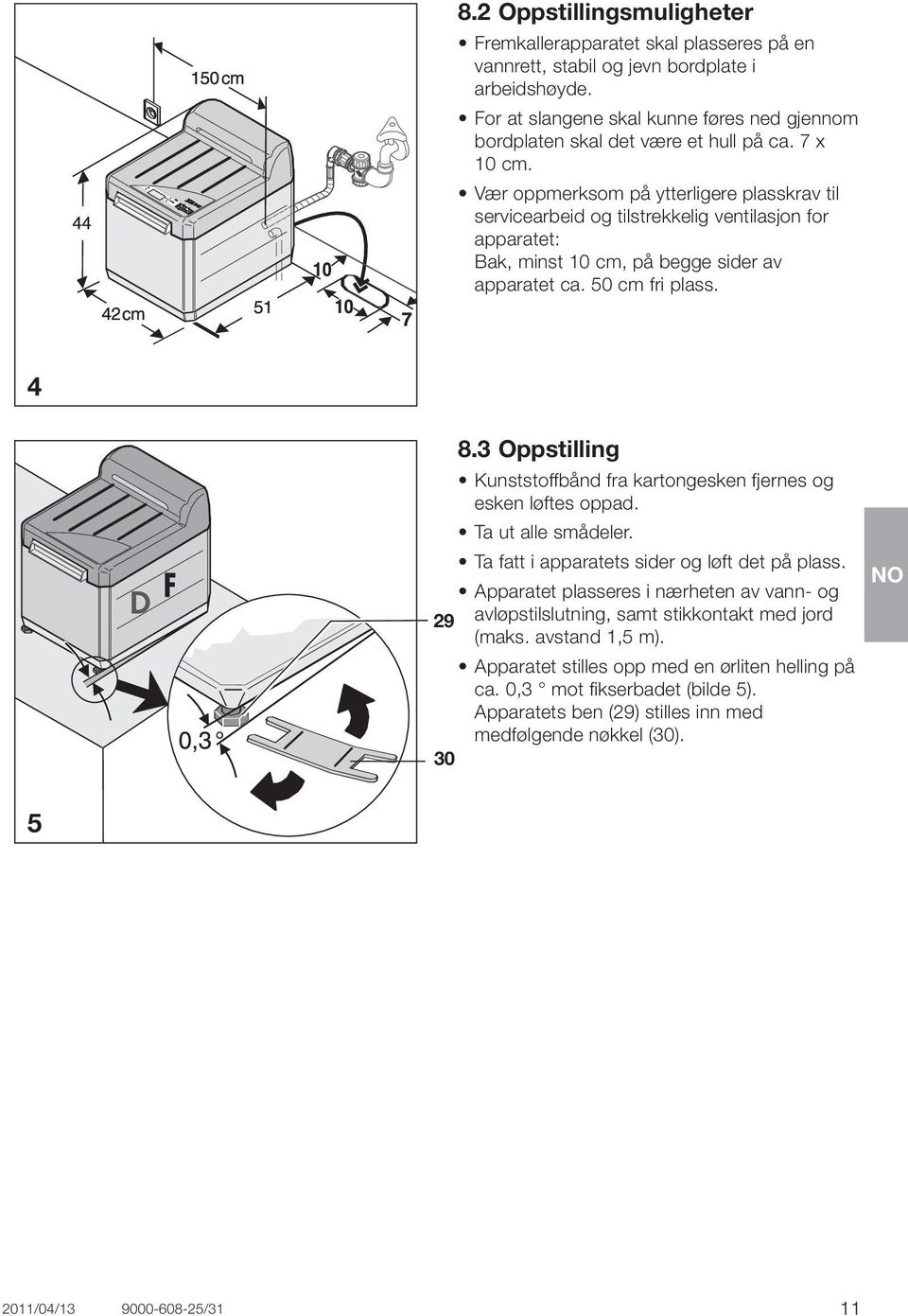 Vær oppmerksom på ytterligere plasskrav til servicearbeid og tilstrekkelig ventilasjon for apparatet: Bak, minst 10 cm, på begge sider av apparatet ca. 50 cm fri plass. 4 D 8.