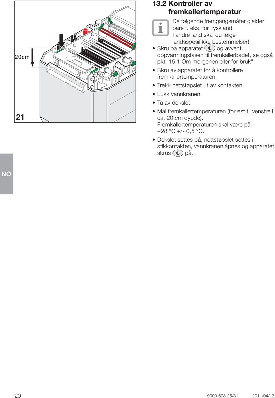 1 Om morgenen eller før bruk" Skru av apparatet for å kontrollere fremkallertemperaturen. Trekk nettstøpslet ut av kontakten. Lukk vannkranen. Ta av dekslet.