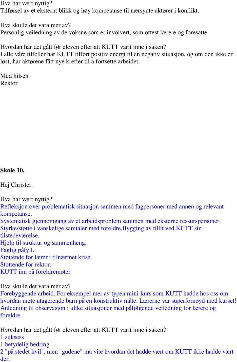 I alle våre tilfeller har KUTT tilført positiv energi til en negativ situasjon, og om den ikke er løst, har aktørene fått nye krefter til å fortsette arbeidet. Med hilsen Skole 10. Hej Christer.