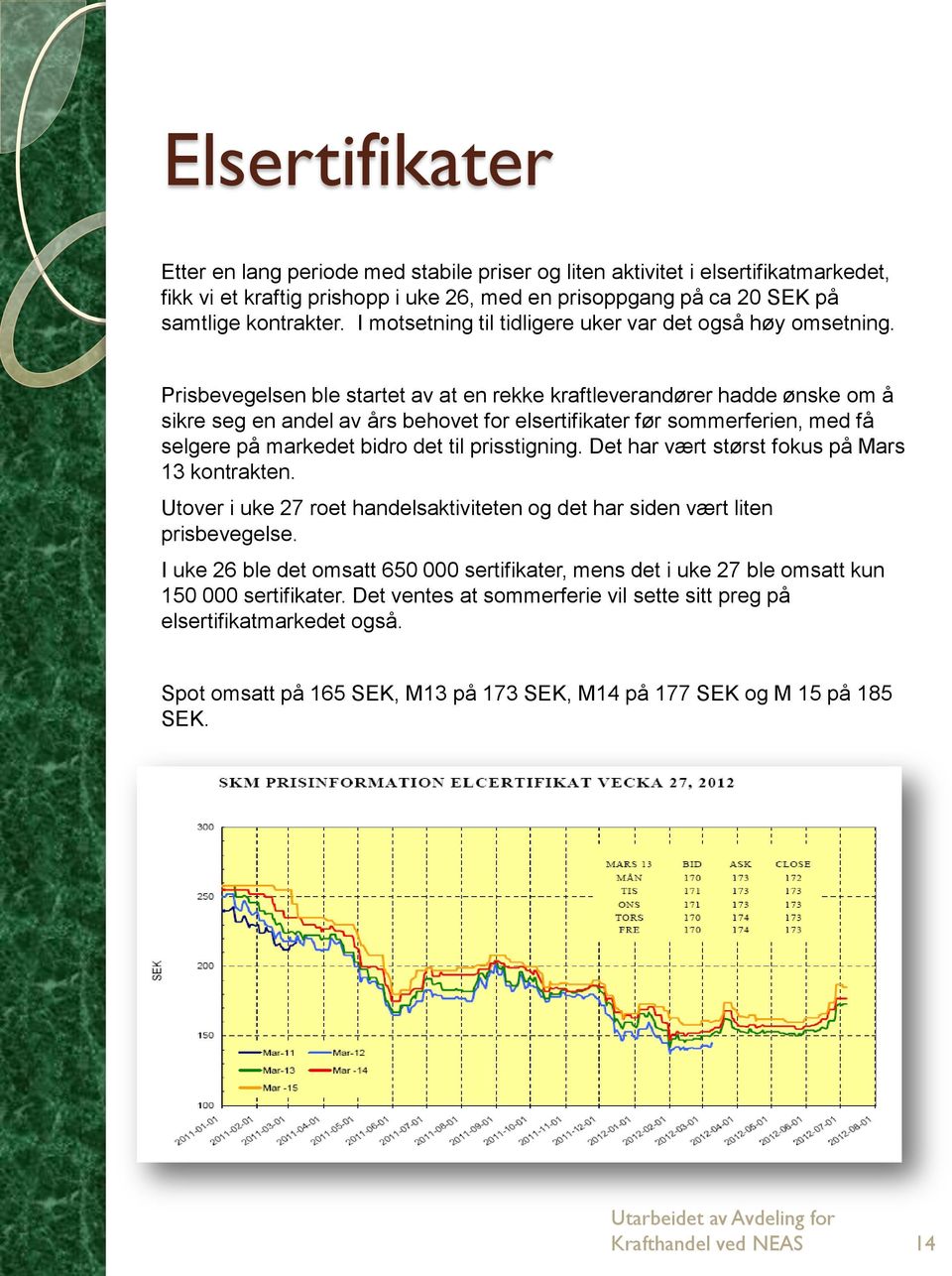 Prisbevegelsen ble startet av at en rekke kraftleverandører hadde ønske om å sikre seg en andel av års behovet for elsertifikater før sommerferien, med få selgere på markedet bidro det til