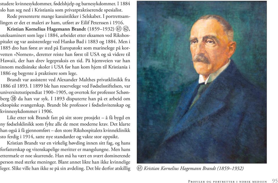 Kristian Kornelius Hagemann Brandt (1859 1932) 61 62, uteksaminert som lege i 1884, arbeidet etter eksamen ved Rikshospitalet og var assistentlege ved Hankø Bad i 1883 og 1884.