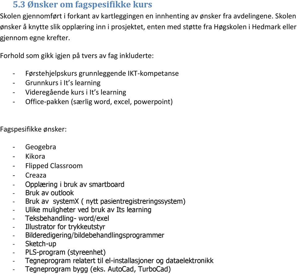 Frhld sm gikk igjen på tvers av fag inkluderte: - Førstehjelpskurs grunnleggende IKT-kmpetanse - Grunnkurs i It s learning - Videregående kurs i It s learning - Office-pakken (særlig wrd, excel,