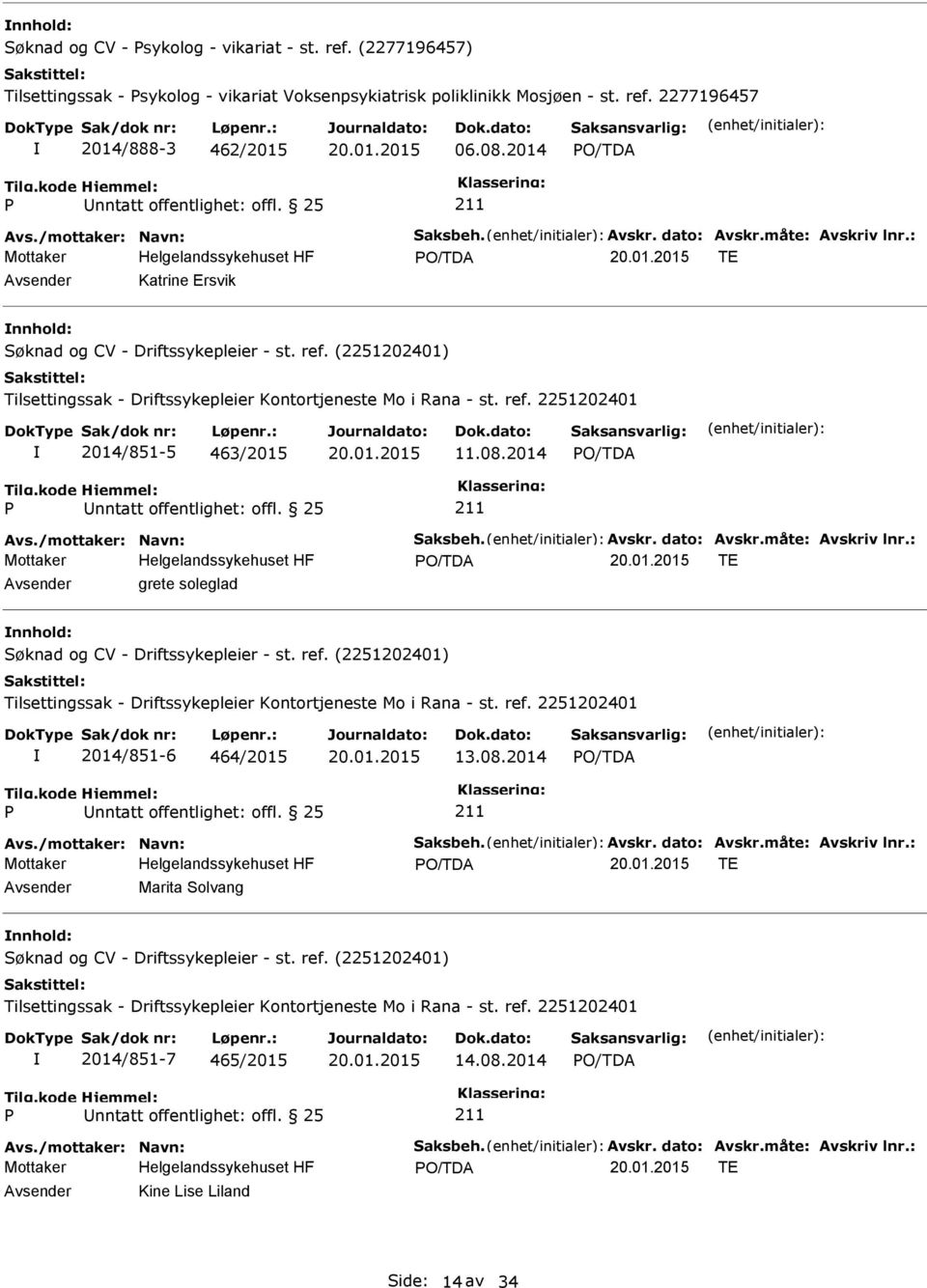 (2251202401) Tilsettingssak - Driftssykepleier Kontortjeneste Mo i Rana - st. ref. 2251202401 2014/851-5 463/2015 11.08.2014 nntatt offentlighet: offl. 25 Avs./mottaker: Navn: Saksbeh. Avskr.