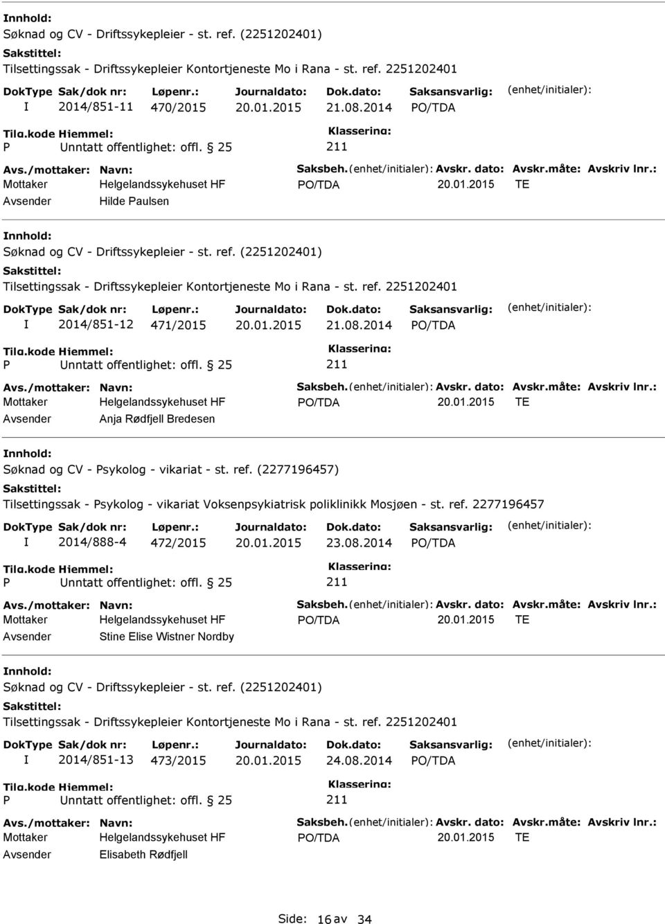 (2251202401) Tilsettingssak - Driftssykepleier Kontortjeneste Mo i Rana - st. ref. 2251202401 2014/851-12 471/2015 21.08.2014 nntatt offentlighet: offl. 25 Avs./mottaker: Navn: Saksbeh. Avskr.