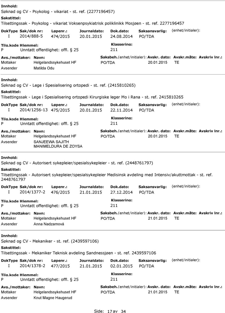 (2415810265) Tilsettingssak - Lege i Spesialisering ortopedi Kirurgiske leger Mo i Rana - st. ref. 2415810265 2014/1256-13 475/2015 22.11.2014 nntatt offentlighet: offl. 25 Avs.