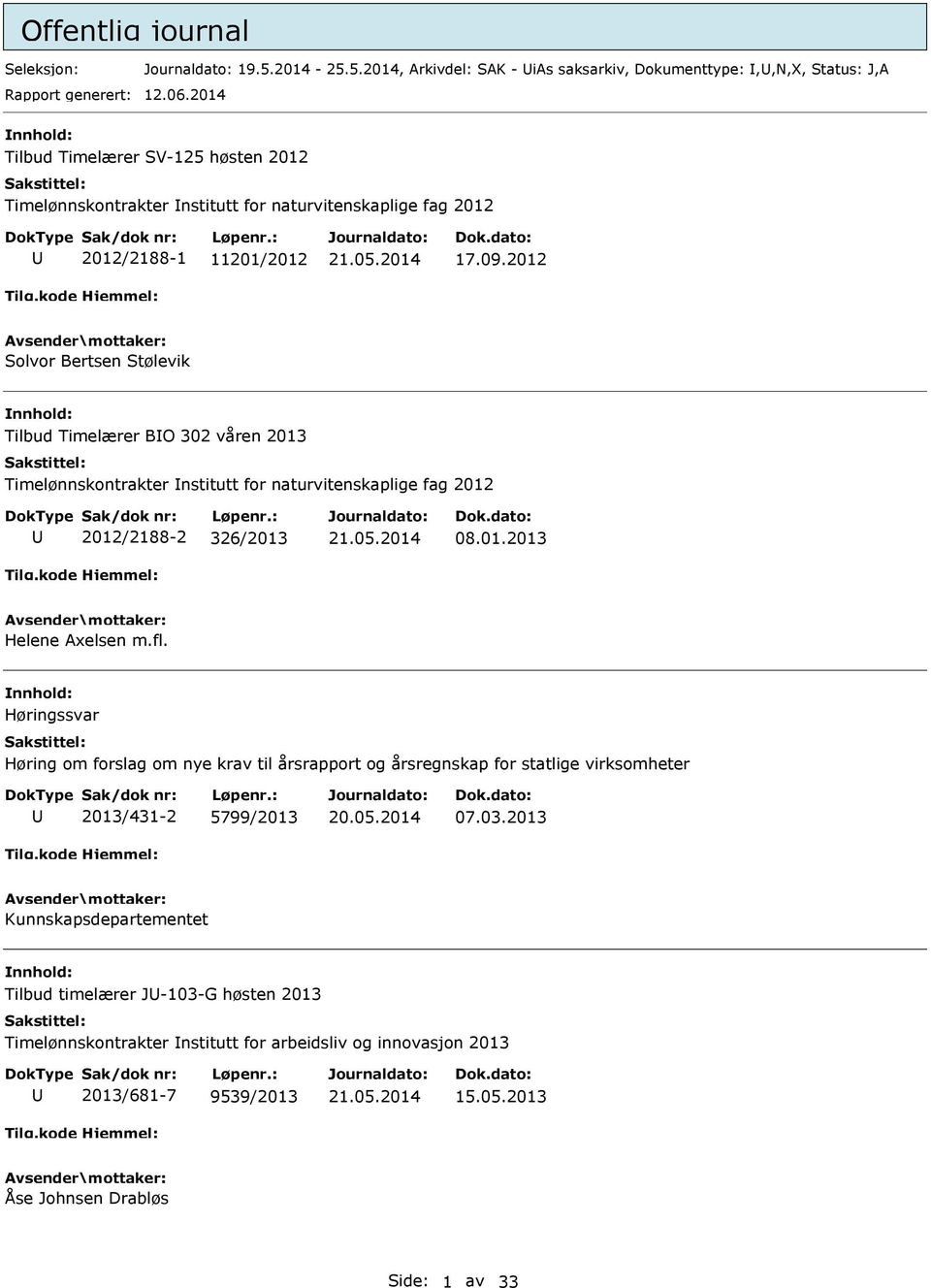 2012 Solvor Bertsen Stølevik Tilbud Timelærer BO 302 våren 2013 Timelønnskontrakter nstitutt for naturvitenskaplige fag 2012 2012/2188-2 326/2013 08.01.2013 Helene Axelsen m.fl.