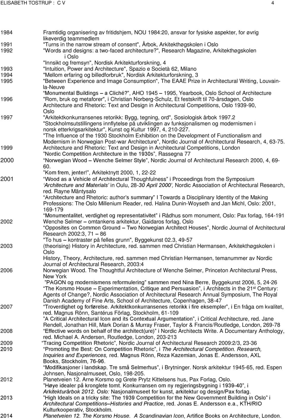 ", Research Magazine, Arkitekthøgskolen i Oslo "Innsikt og fremsyn", Nordisk Arkitekturforskning, 4 1993 "Intuition, Power and Architecture", Spazio e Società 62, Milano 1994 "Mellom erfaring og